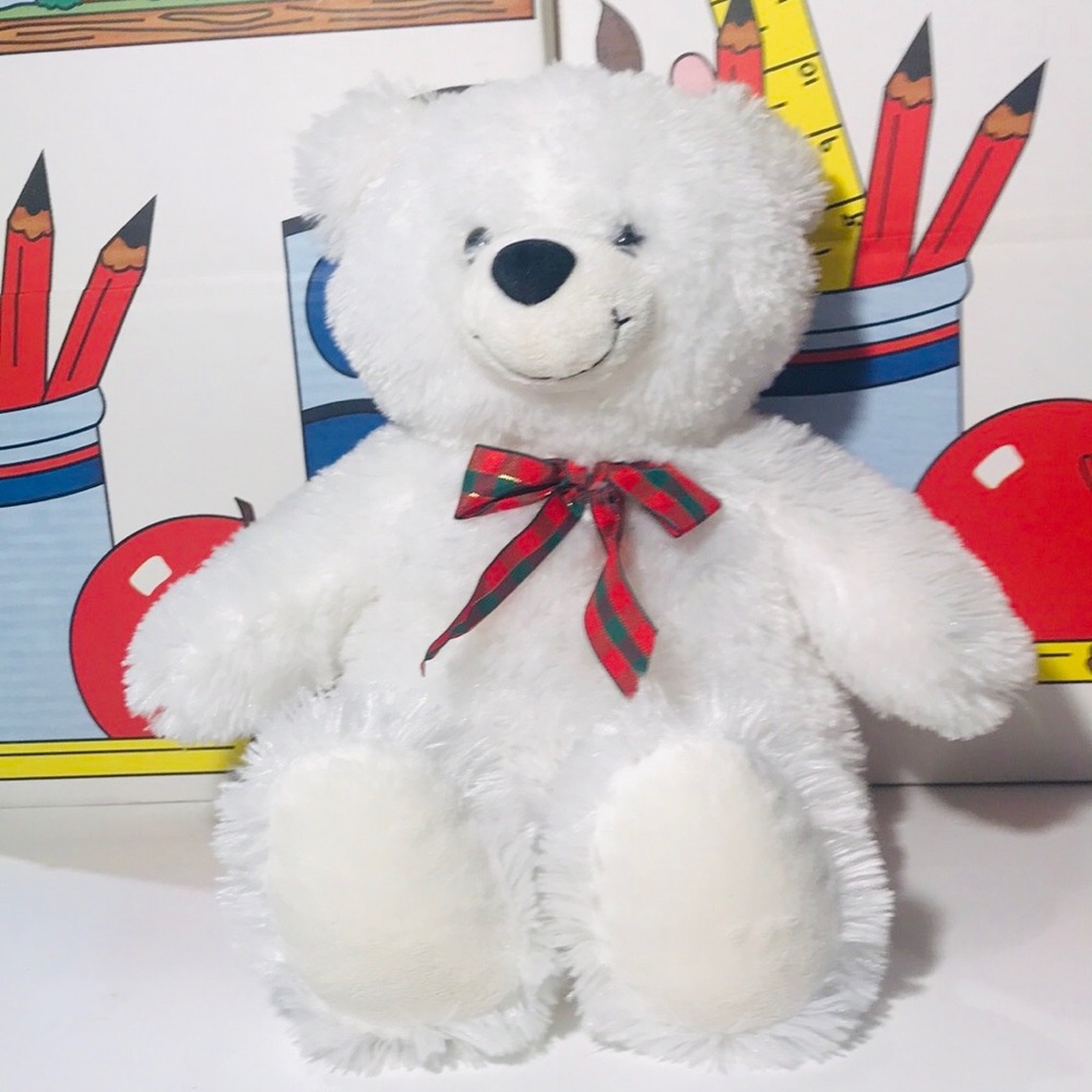 White Teddy Bear w/Christmas Red Plaid Bow BAB